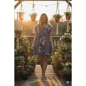 Free People Womens Harper Blue Floral Corduroy Short Sleeve Mini Dress Size M